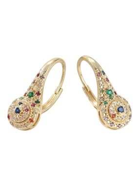 14K Gold Plated teardrop leverback Hoop Stud Earrings multicolored zircon